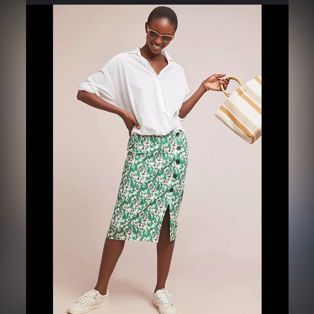 Hutch - 10, linen green white‎ and black midi skirt